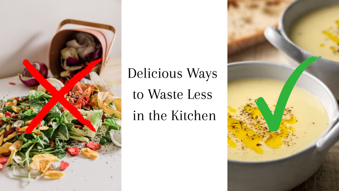 Food waste crossed out and a delicious soup made from asparagus stalks with a tick