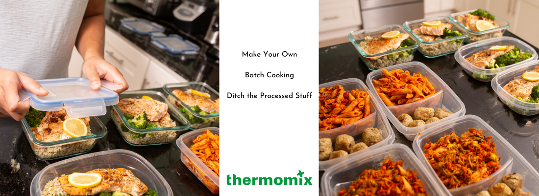 Identical boxes of food from a Thermomix batch cook.