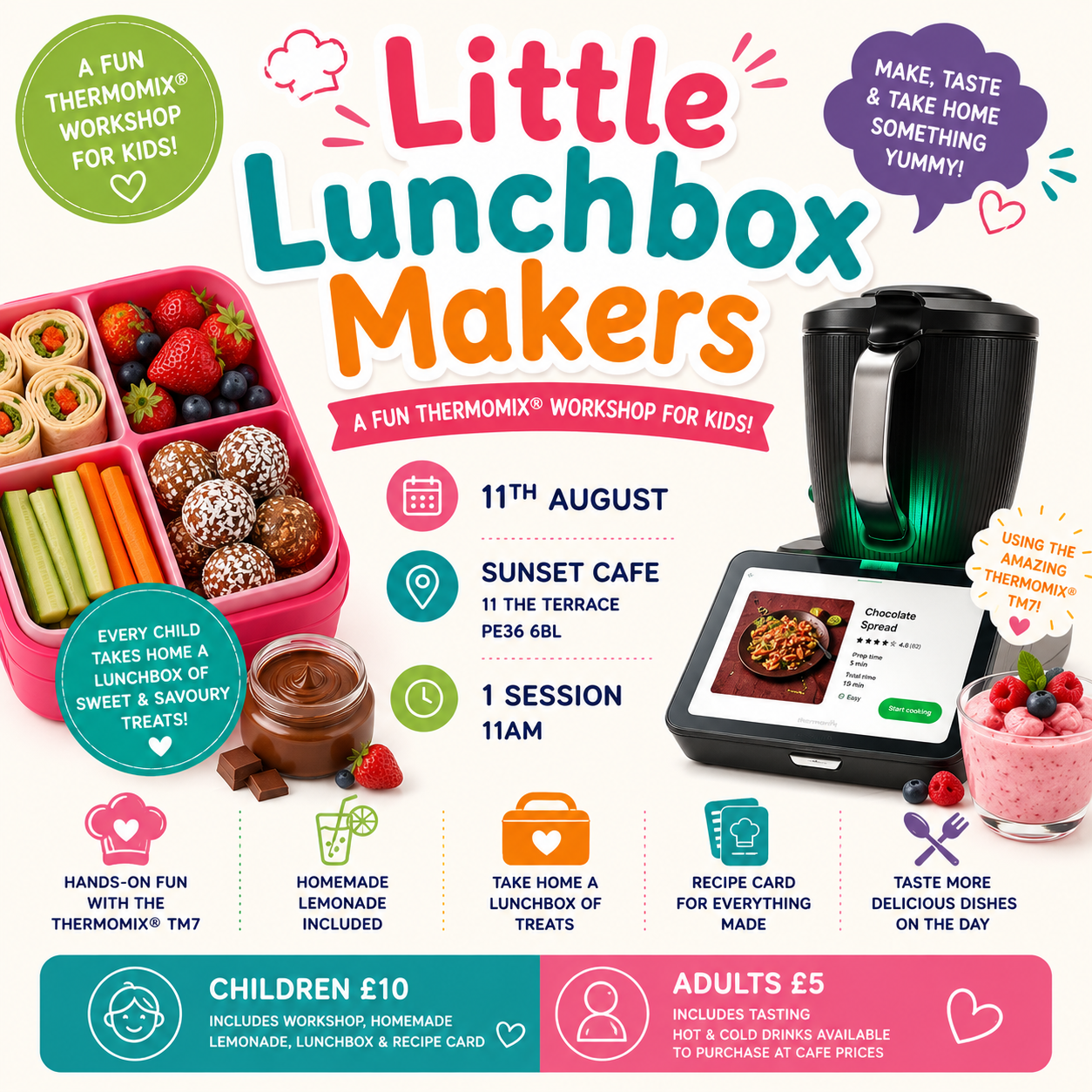 Promotional graphic for a Little Lunchbox Makers workshop by Thermomix Kids, featuring a pink lunchbox with fruit and vegetables, a black Thermomix coffee maker, a tablet showing a recipe, and text detailing the event date, time, price, and session details.