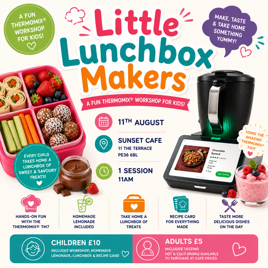 Promotional graphic for a Little Lunchbox Makers workshop by Thermomix Kids, featuring a pink lunchbox with fruit and vegetables, a black Thermomix coffee maker, a tablet showing a recipe, and text detailing the event date, time, price, and session details.